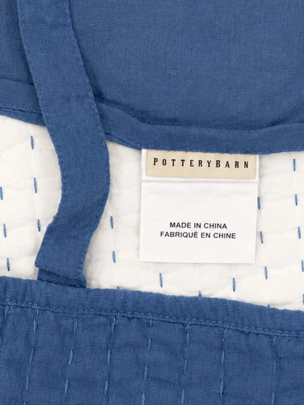 Pottery Barn Blue Pick-Stitch Cotton Linen Twin Quilt & 26” Euro Sham Set